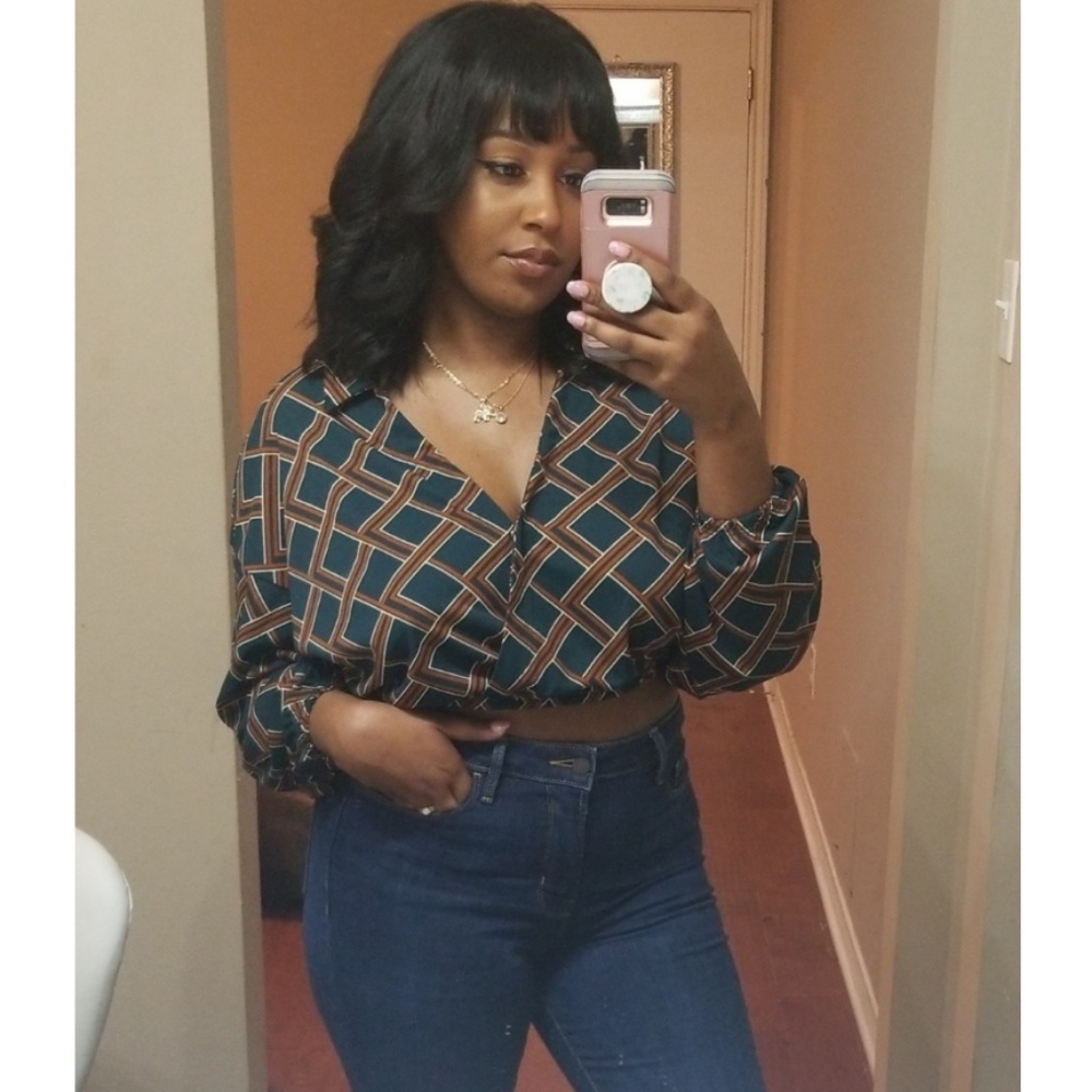 Green Burnt Orange Collard long sleeve crop top